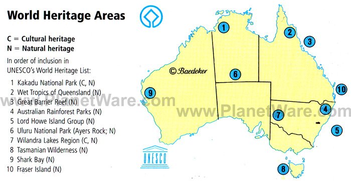 Map Of Australia World Heritage Areas PlanetWare