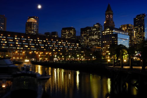 Boston waterfront at night.