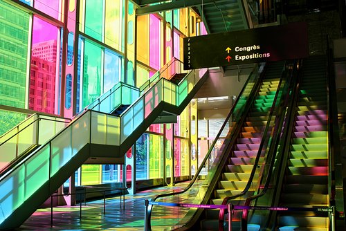 Colored glass in the Palais des Congras building in Montreal.