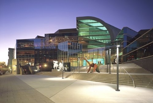 Night view of The Kentucky Center for Performing Arts in Louisville.