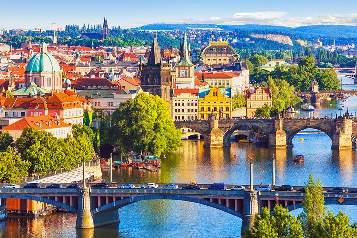 Aerial view over Charles Bridge and the Vltava river