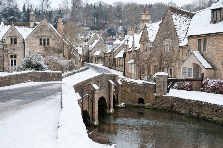 Snow-covered Castle Combe village in the Cotswolds