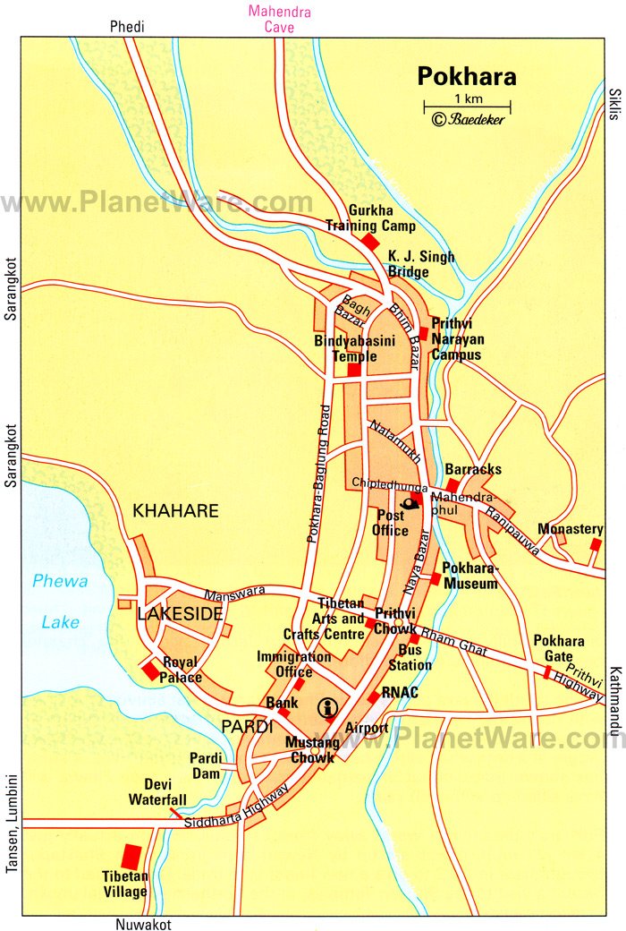 Pokhara, Central Nepal Map - Tourist Attractions