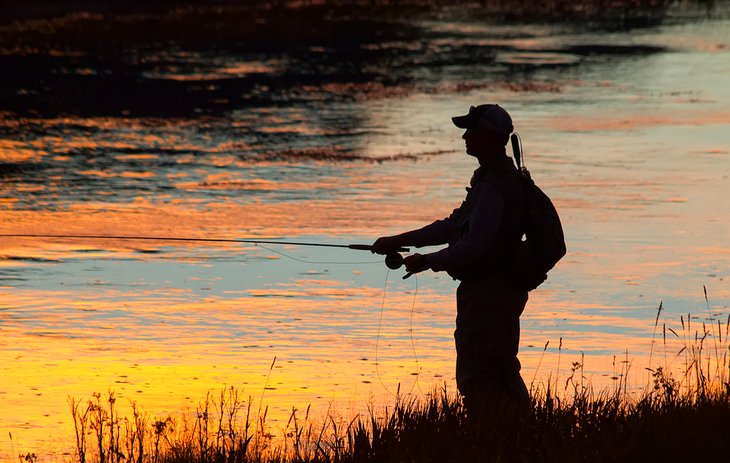 Fly fisherman at sunset near Yellowstone National Park