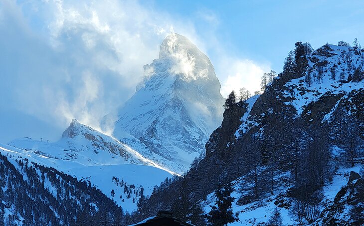 View of the Matterhorn in winter from Zermatt 
