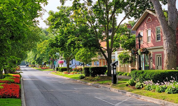 A flower-lined street in Niagara-on-the-Lake