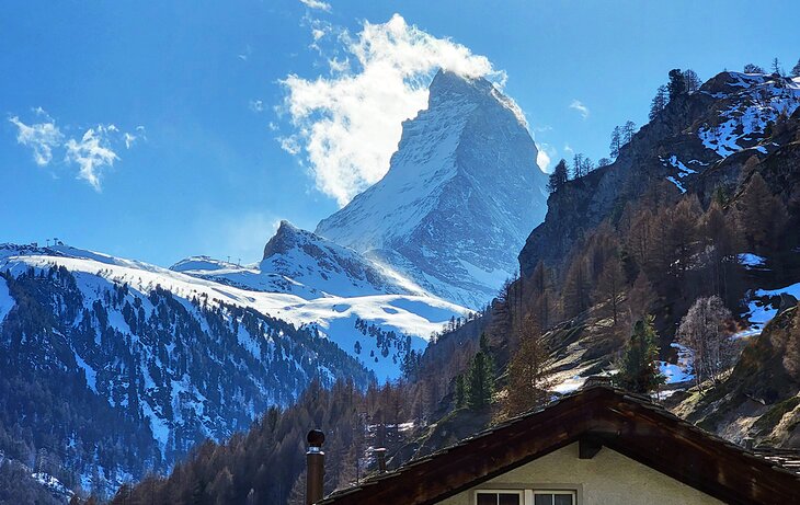 The Matterhorn and the ski resort from the town of Zermatt in winter
