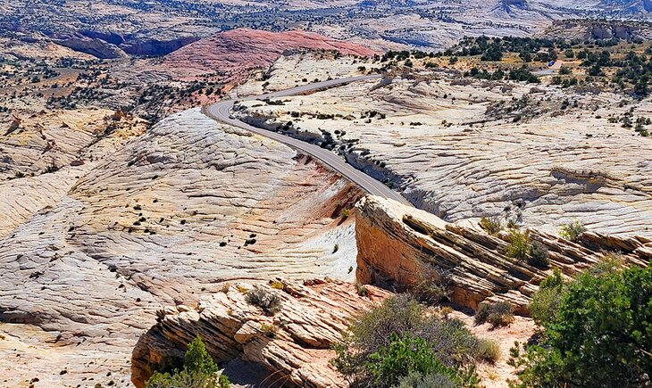 A viewpoint looking over a road through Grand Staircase-Escalante National Monument